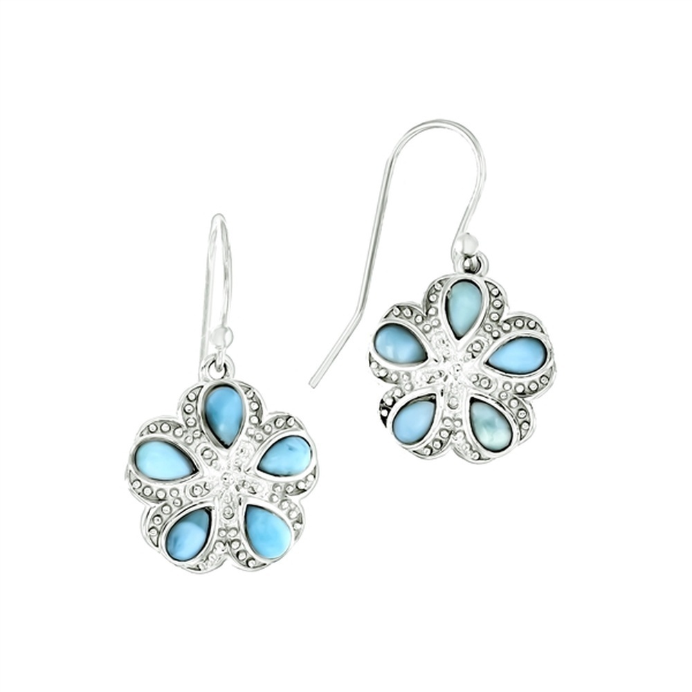 925 Sterling Silver Larimar Sand Dollar Floral Earrings French Wire 6.54 gm